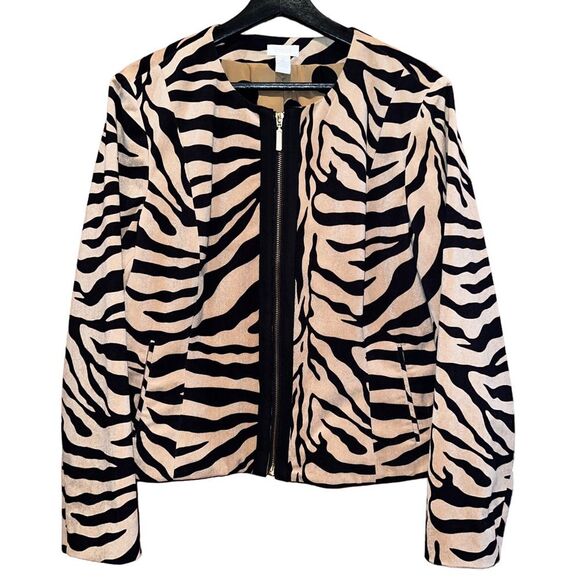 Chicos Jacket Womens 2 (US L/12) Tan Black Cardigan Animal Print Front Zip - Picture 1 of 10